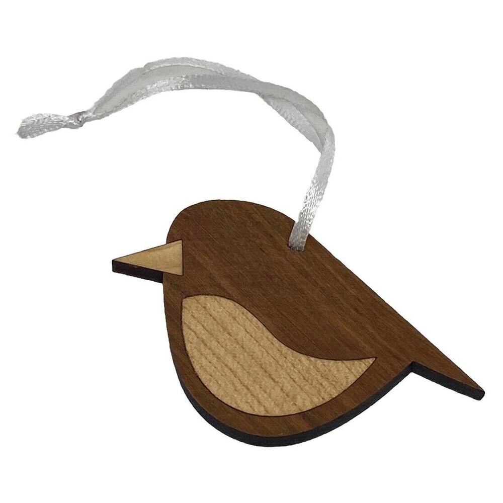 Handmade 3.5” Bird Inlayed Wood Christmas Ornament White Hanger Holiday Decor